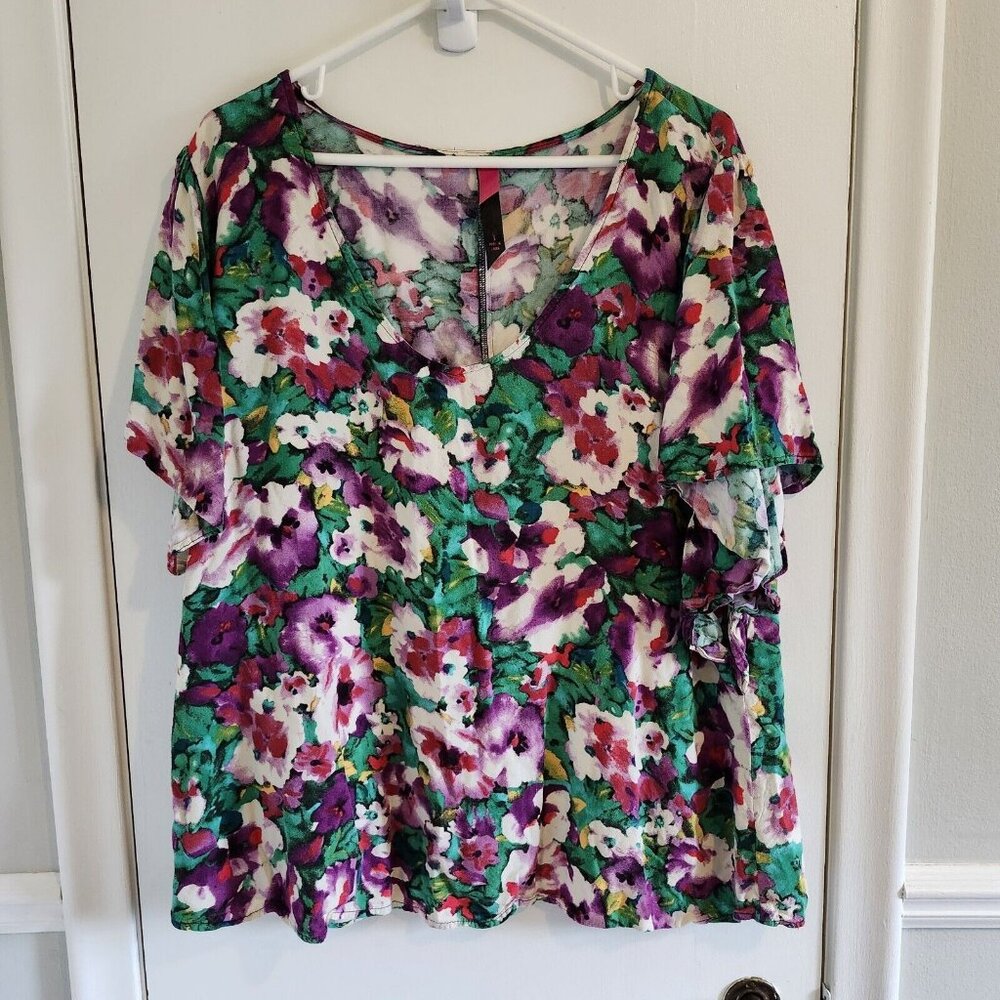 Pure Energy Size 3, 3X Top Green White Purple Pink Short Sleeve Floral Flowers